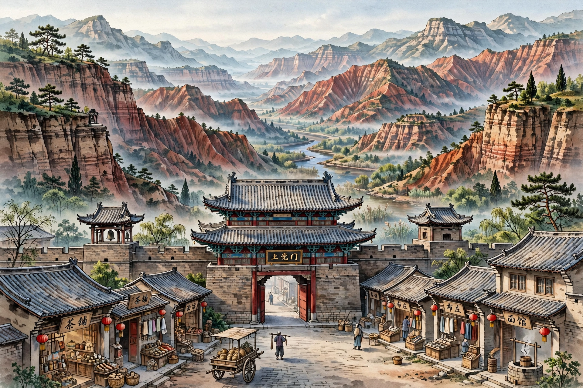 长治上党门与太行山峡谷插画