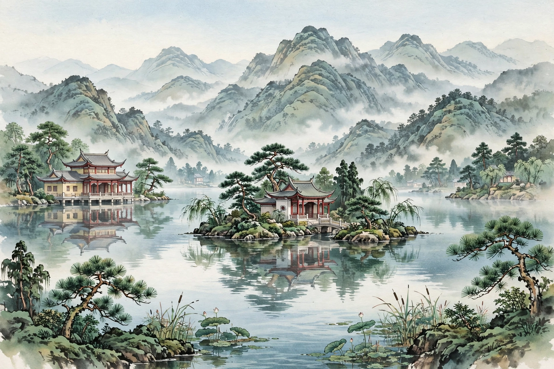 承德避暑山庄湖区插画