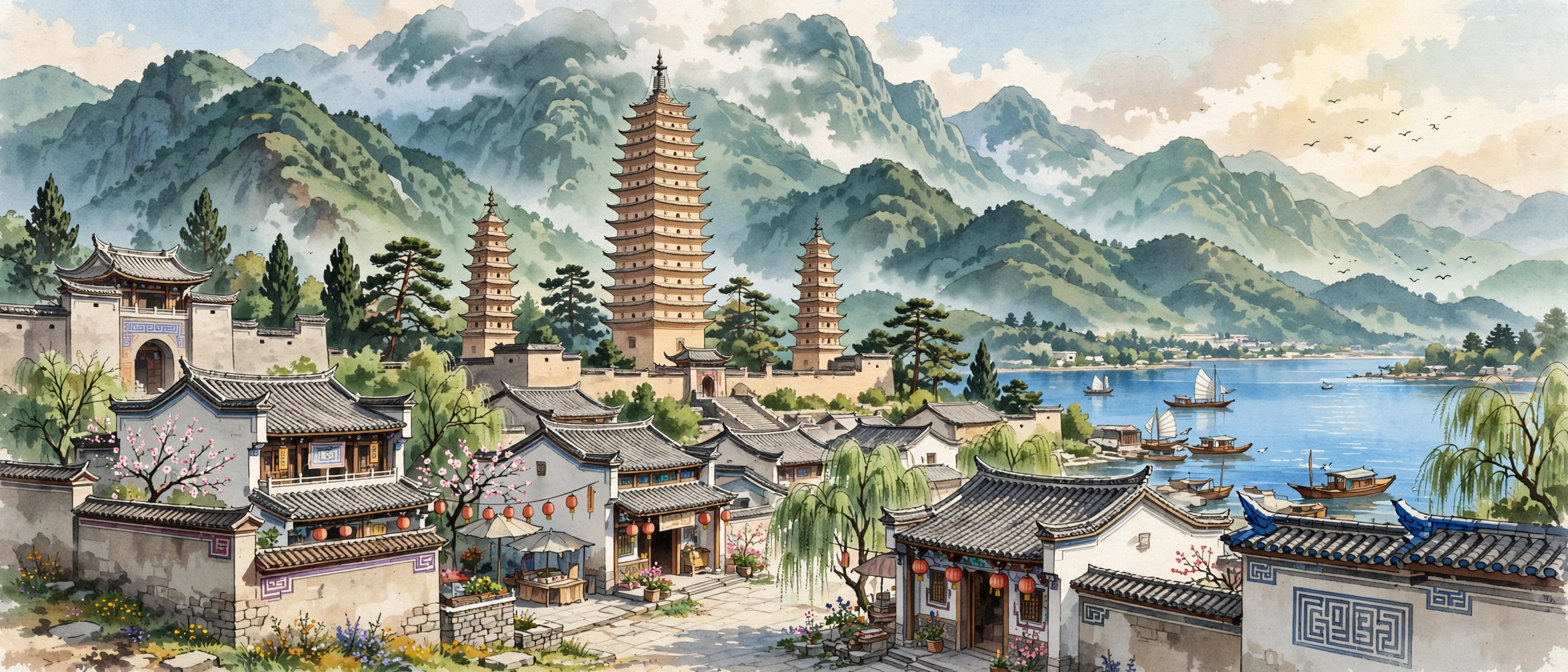大理崇圣寺三塔插画
