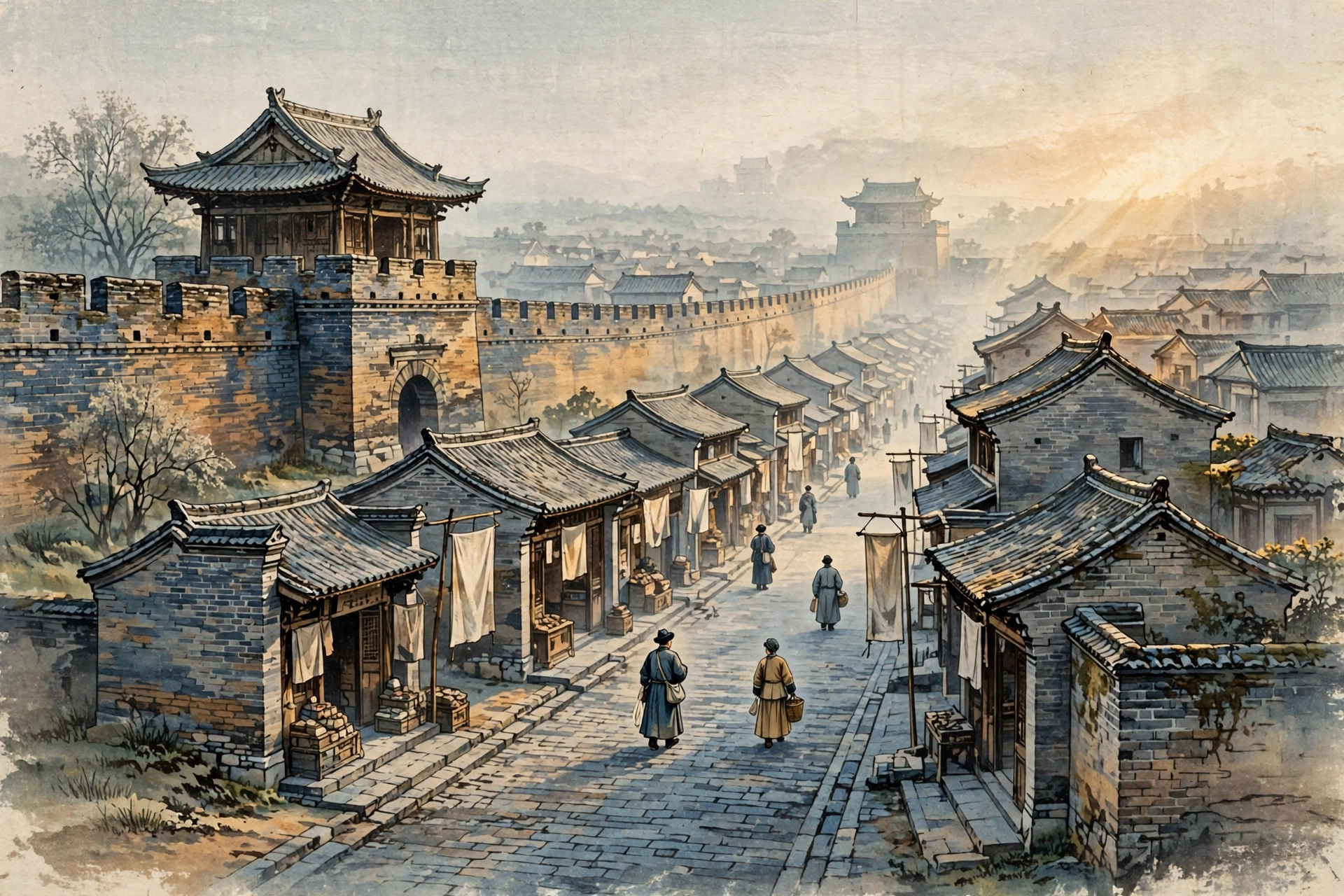 平遥古城城墙与老街插画