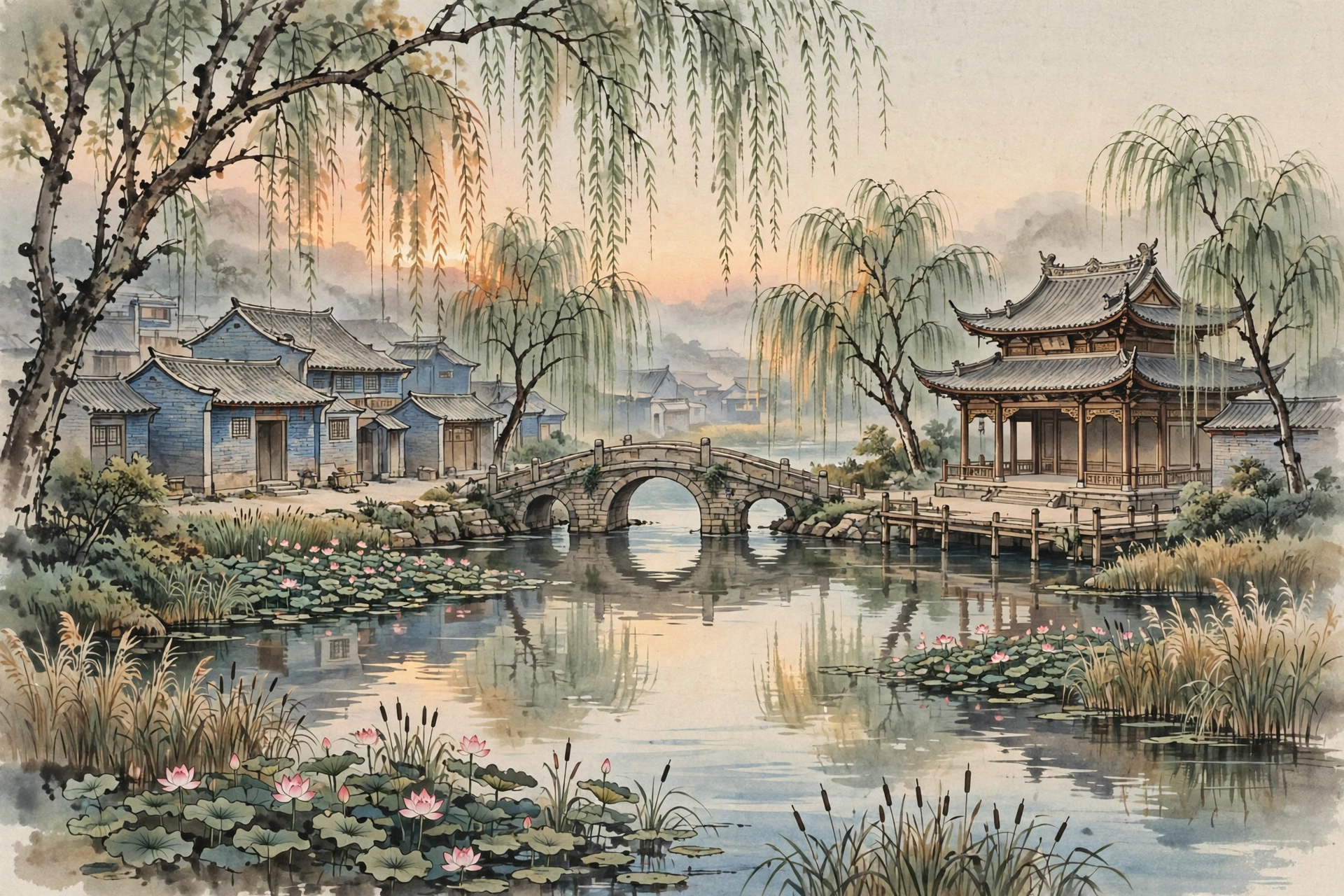 廊坊胜芳古镇插画