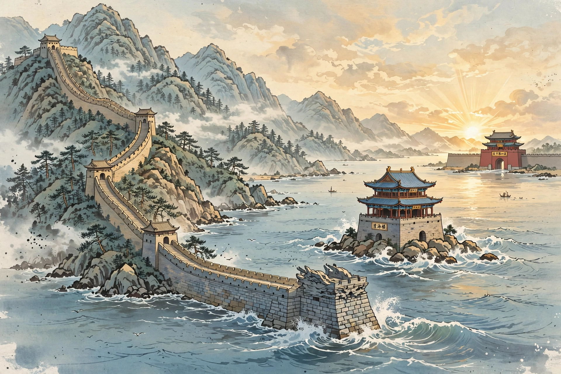 秦皇岛山海关长城入海插画