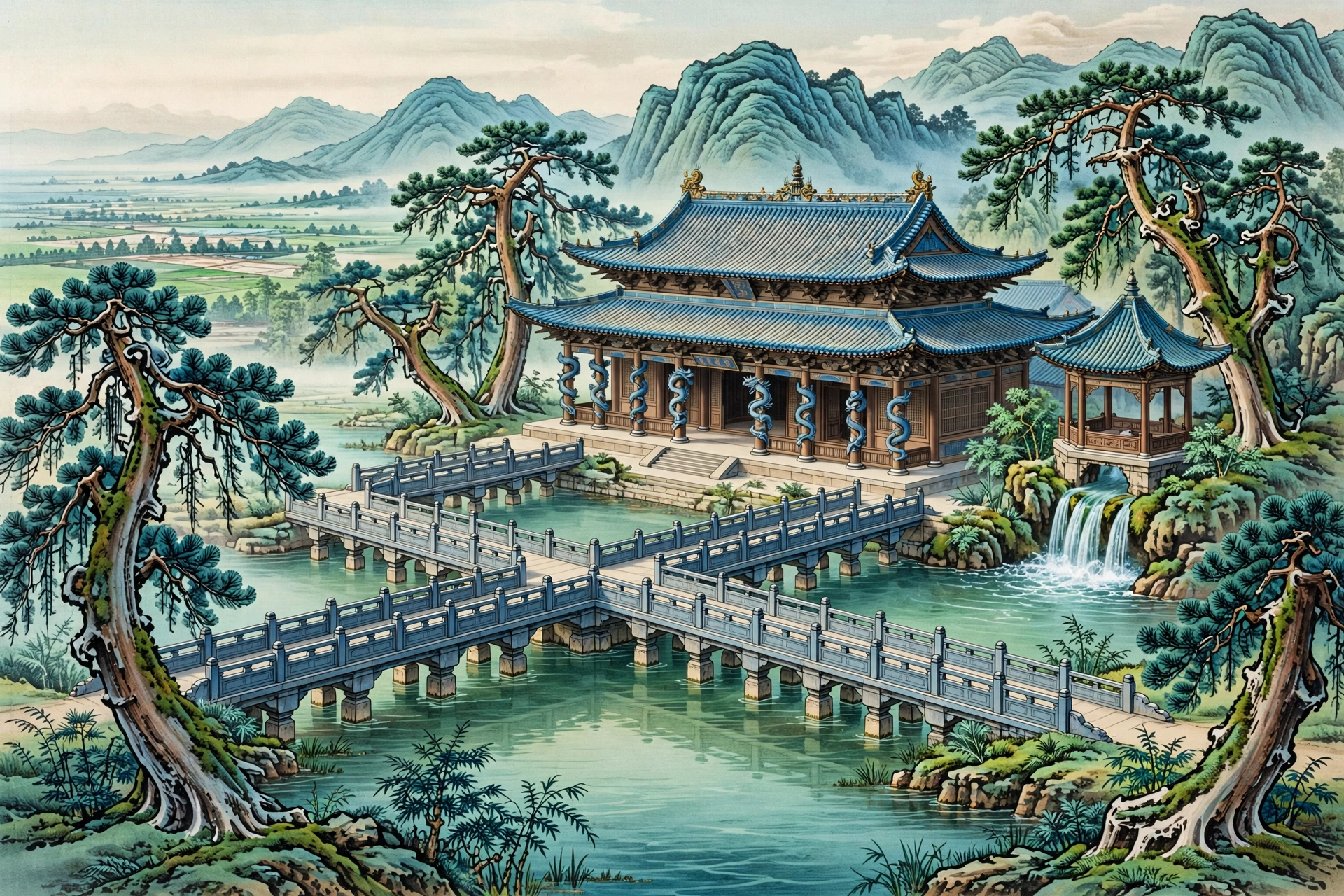 太原晋祠圣母殿与鱼沼飞梁插画