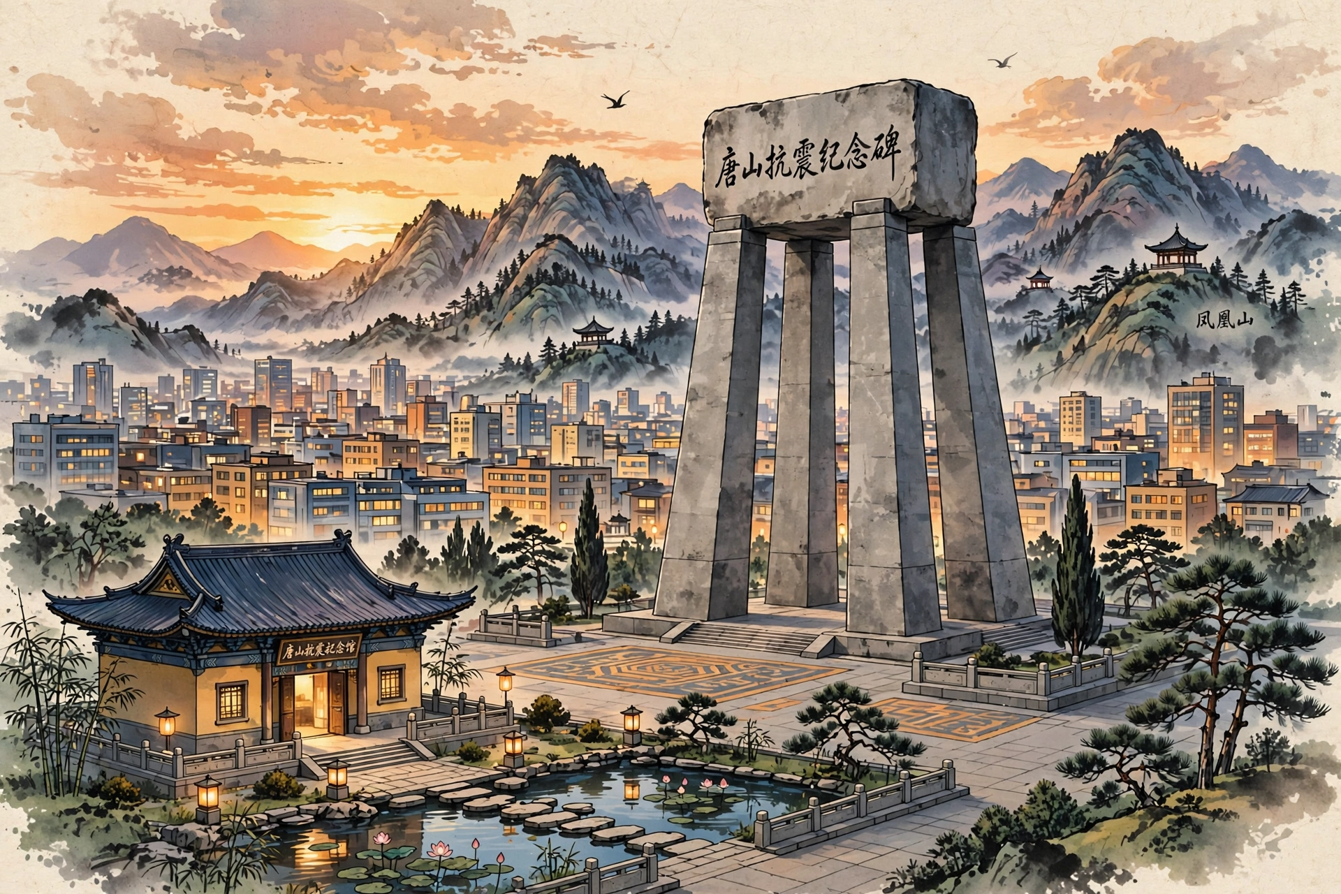 唐山抗震纪念碑与凤凰山插画